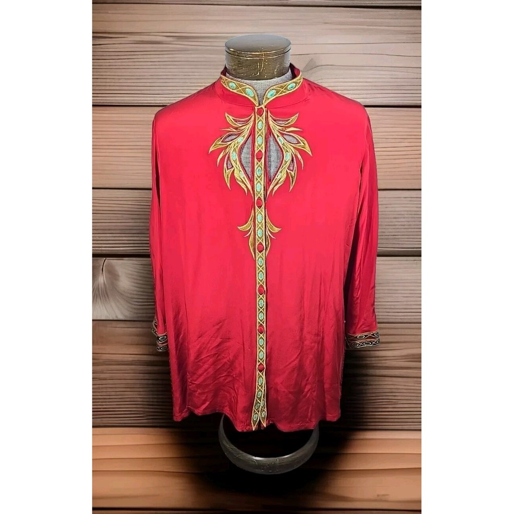 Bob Mackie Wearable Art Womens 1X Red Silk Blouse Embroidered Keyhole 3/4 Sleeve